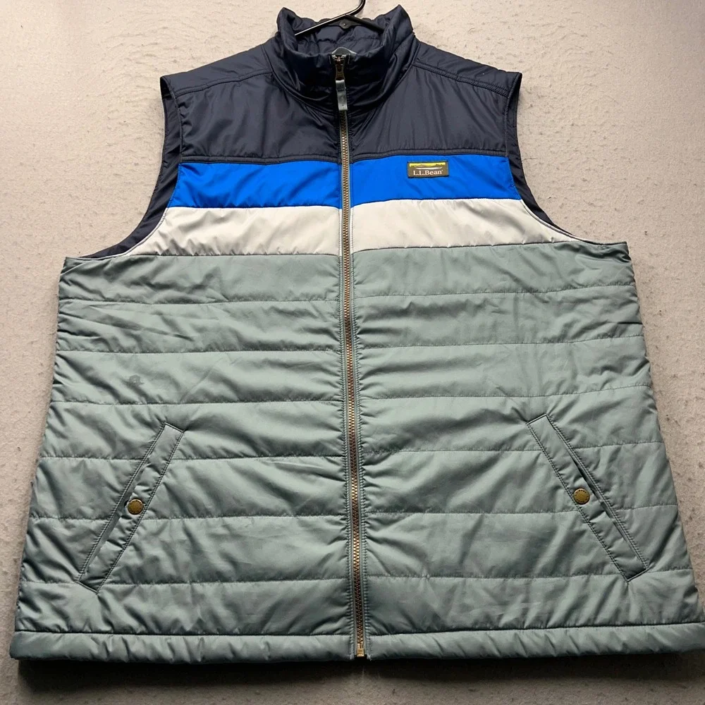 LL Bean Puffer Vest Mens XXL Blue Gray Colorblock Insulated Full Zip 513517